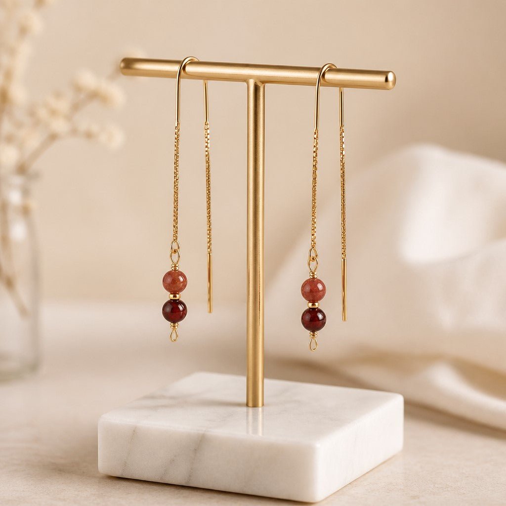 Boucles d'Oreilles Jaspe Rouge - Argent 925 Plaqué Or 1 Micron