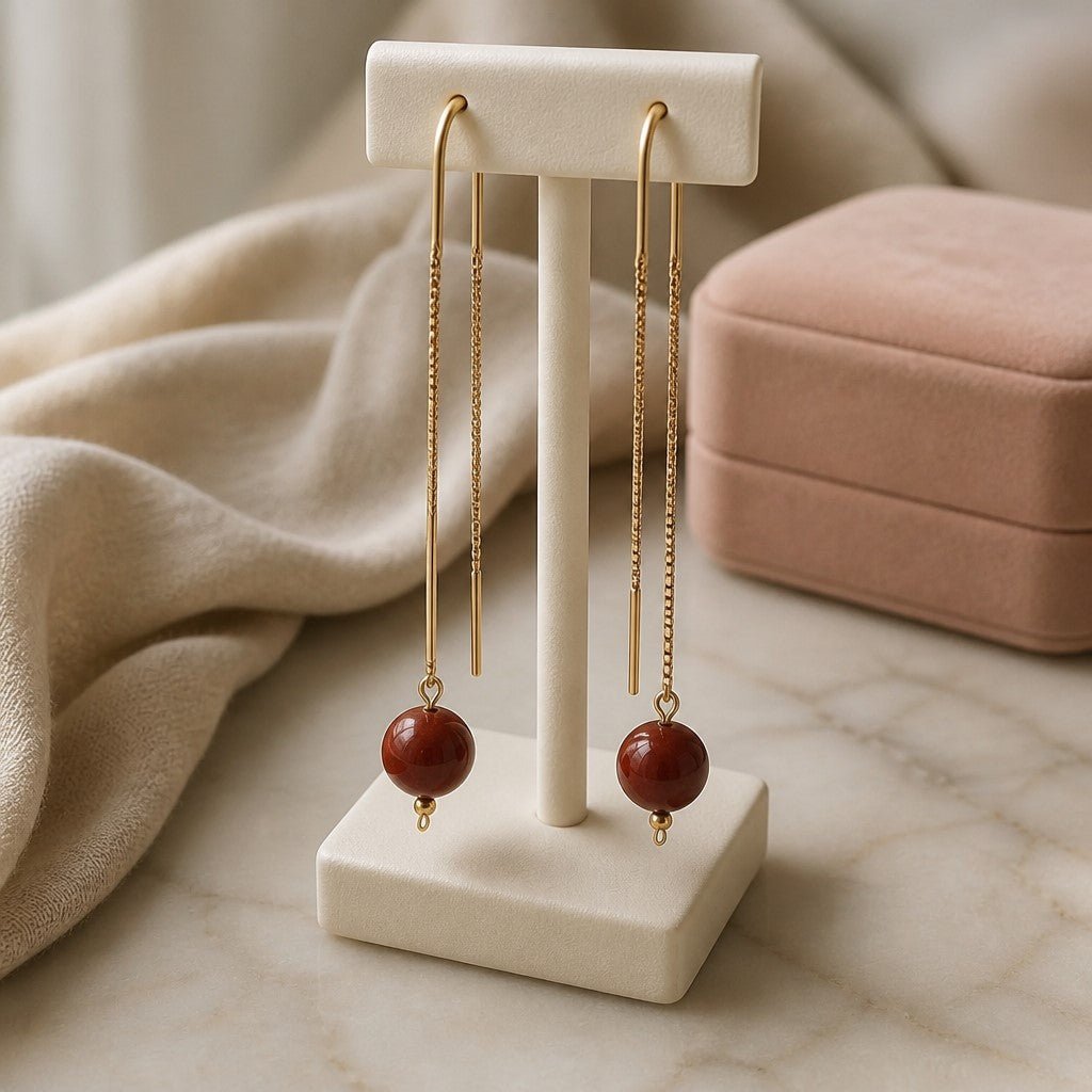Boucles d'Oreilles Jaspe Rouge - Argent 925 Plaqué Or 1 Micron