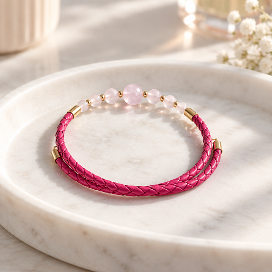 Bracelet Kunzite Argent doré simili cuir