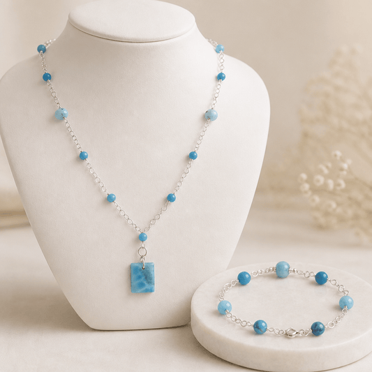Parure Larimar Bleu Argent 925 - Pierre Rare