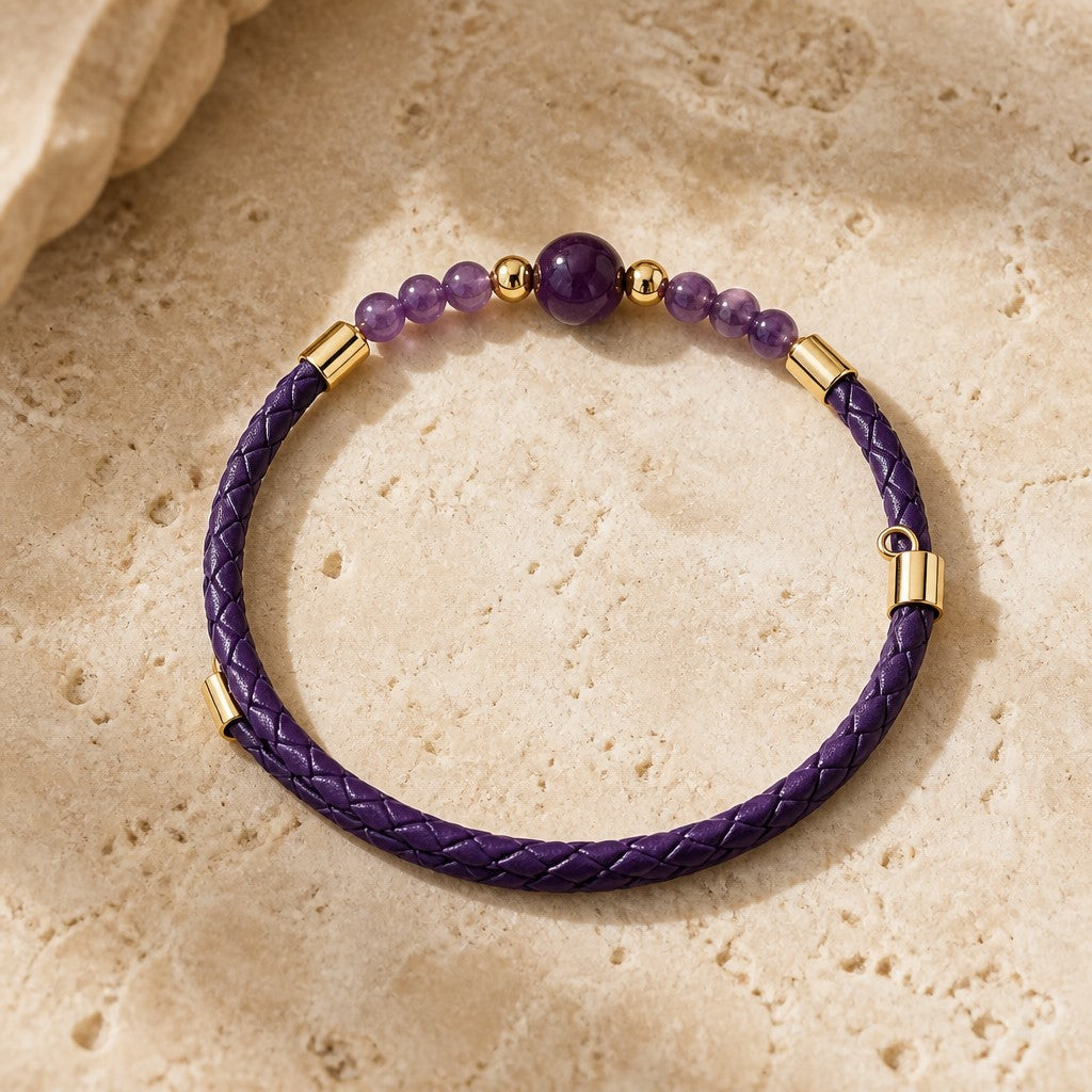 Bracelet Lépidolite Acier simili cuir 3 mm