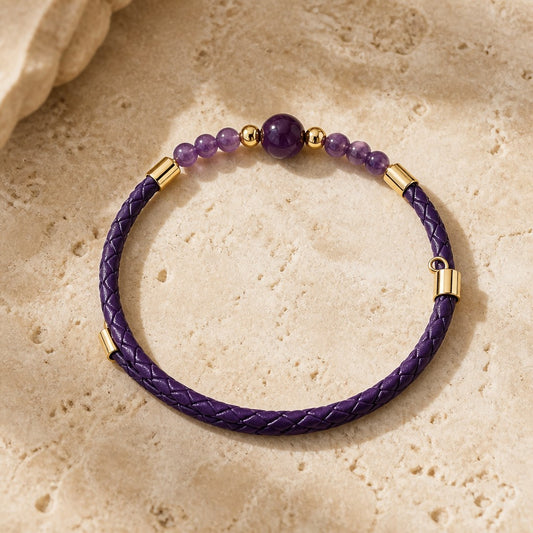 Bracelet Lépidolite Acier simili cuir 3 mm