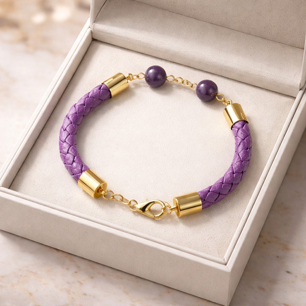Bracelet Lépidolite Acier simili cuir 6mm