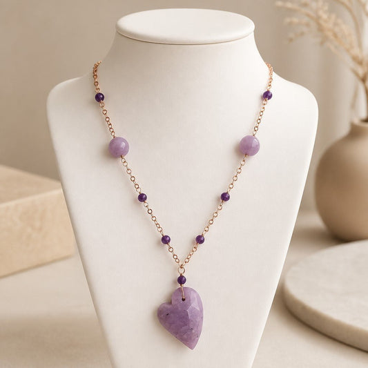 Pendentif Lépidolite Cœur Argent 925 Plaqué Or Rose - Pierre Anti-Stress