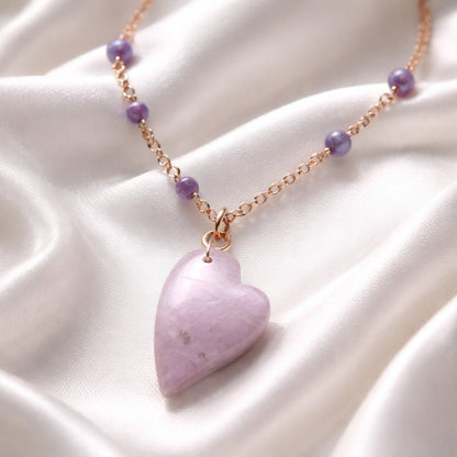 Pendentif Lépidolite Cœur Argent 925 Plaqué Or Rose - Pierre Anti-Stress