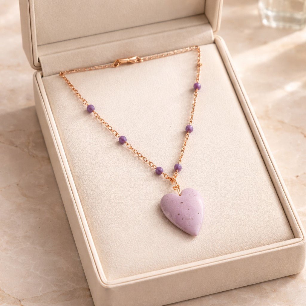 Pendentif Lépidolite Cœur Argent 925 Plaqué Or Rose - Pierre Anti-Stress