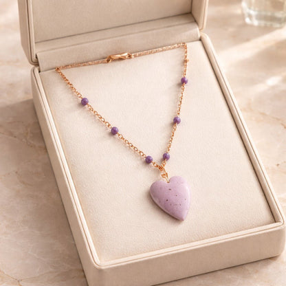Pendentif Lépidolite Cœur Argent 925 Plaqué Or Rose - Pierre Anti-Stress