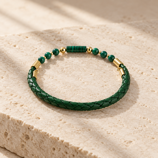 Bracelet Malachite Argent doré simili cuir