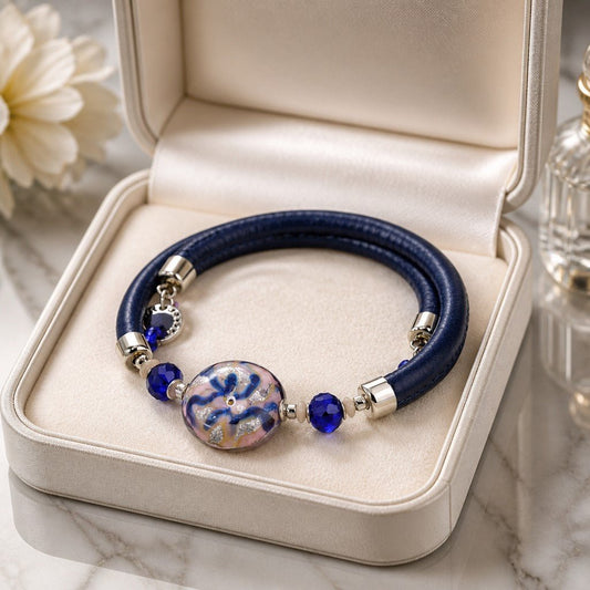 Bracelet Murano Médaillon Design Bleu Rose - Bijou Vénitien Artisanal