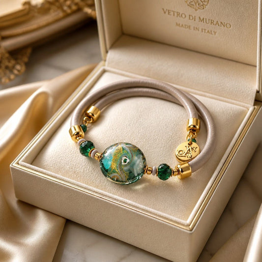 Bracelet Murano Médaillon Émeraude clair - Bijou Vénitien Artisanal