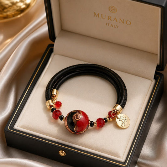 Bracelet Murano Médaillon Rubis Noir - Verre Vénitien Certifié