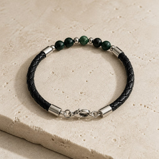 Bracelet Mica Vert & Simili Cuir 4 mm | Bijou Artisanal Acier Inoxydable