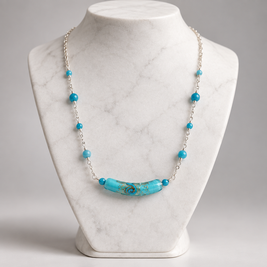 Chaîne Argent 925 Verre Murano Ciel + pierres larimar- Bijou Vénitien Artisanal