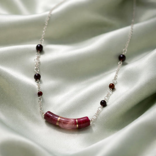 Chaîne Argent 925 Verre Murano Violine Bordeaux + pierres naturelles grenat - Bijou Vénitien