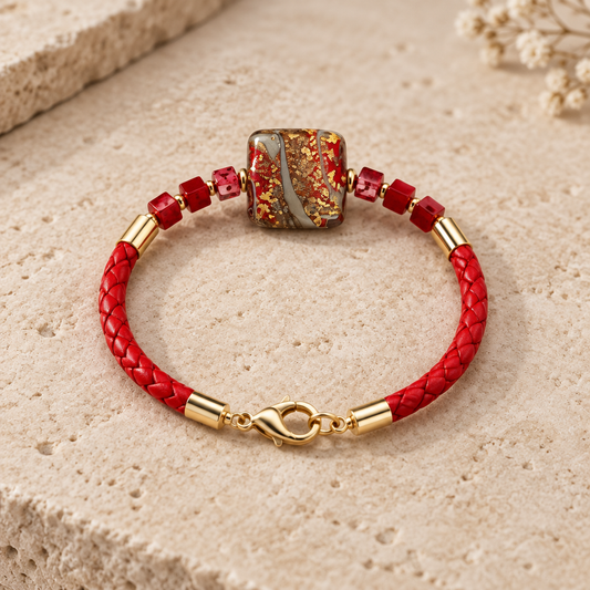 Bracelet Argent doré Verre Murano + jaspe rouge carré simili cuir Bijou Vénitien Artisanal