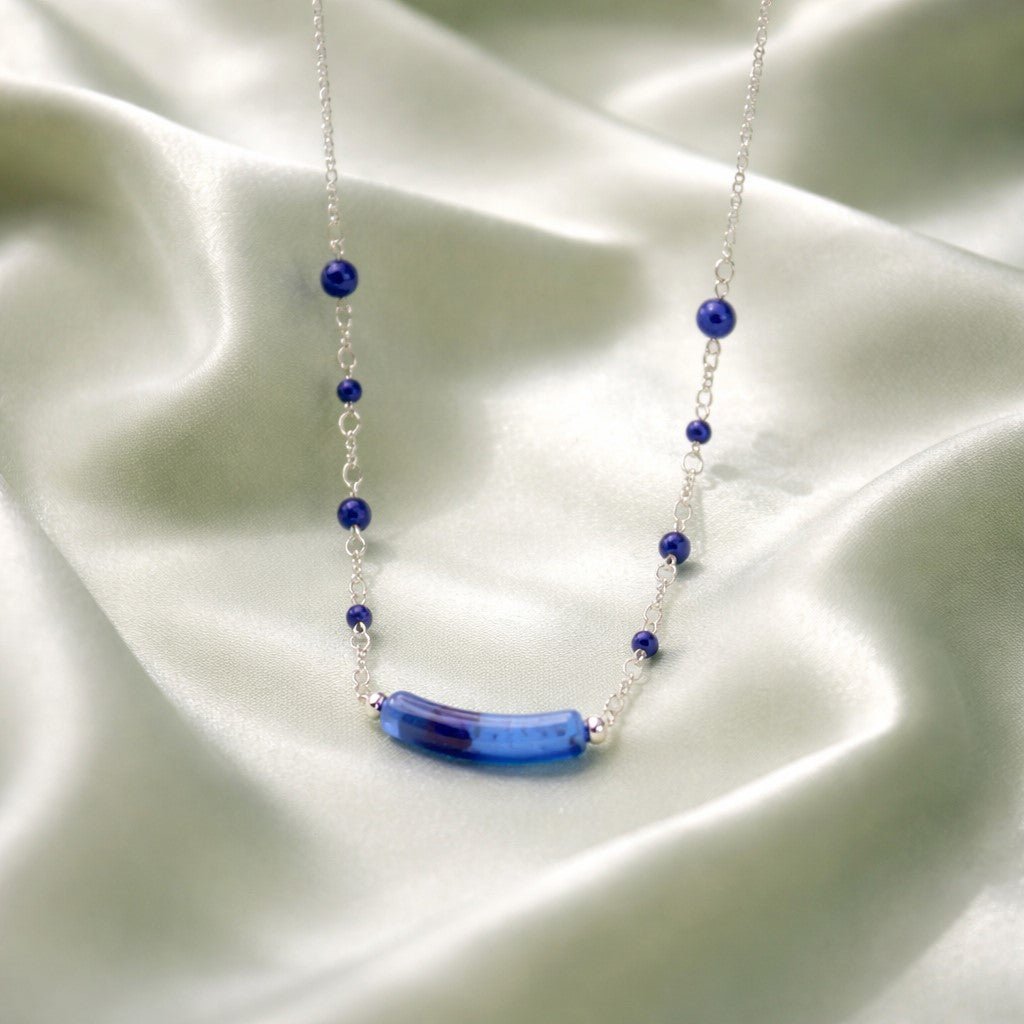 Chaîne Argent 925 Verre Murano Blue Jean + lapis lazuli- Collier Vénitien