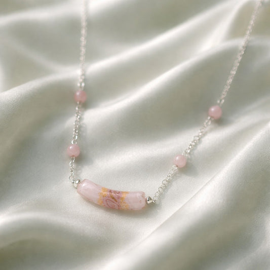 Chaîne Argent 925 Verre Murano Tendresse + pierres quartz rose- Collier Vénitien Certifié