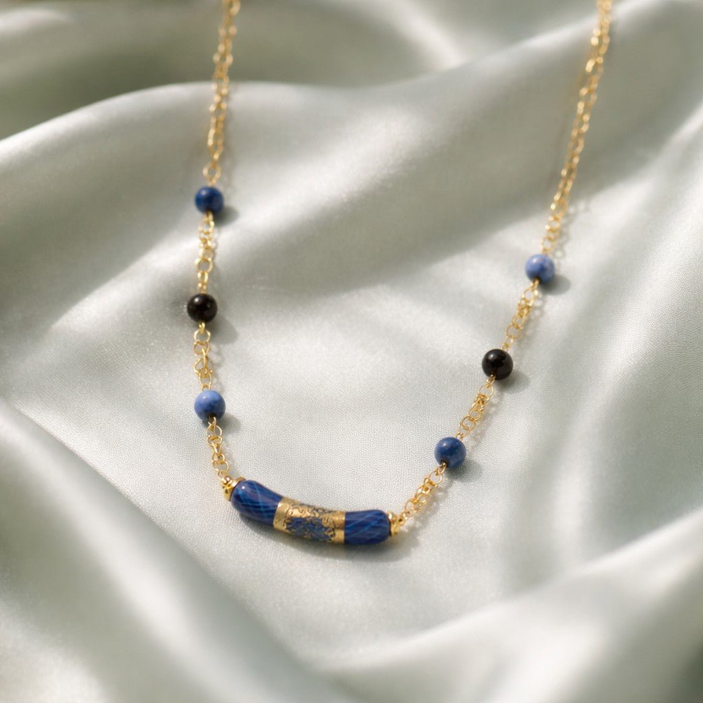 Chaîne Acier Verre Murano Bleu Nuit + sodalite - Collier Vénitien Certifié