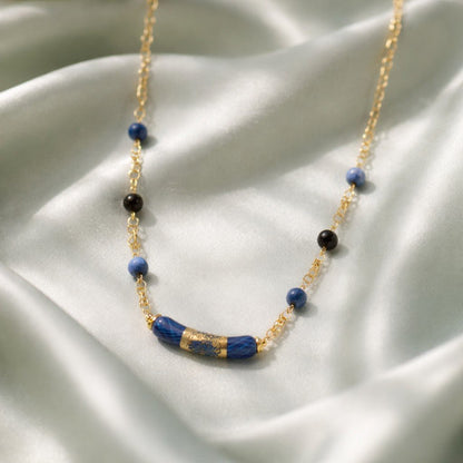 Chaîne Acier Verre Murano Bleu Nuit + sodalite - Collier Vénitien Certifié