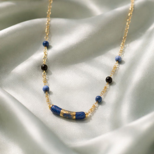 Chaîne Acier Verre Murano Bleu Nuit + sodalite - Collier Vénitien Certifié