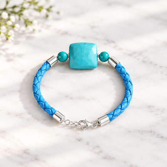 Bracelet Argent 925 Verre Murano + turquoise simili cuir Bijou Vénitien Artisanal
