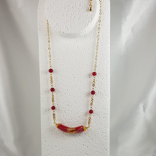 Chaîne Acier Verre Murano Rubis + agate rouge - Bijou Vénitien Artisanal