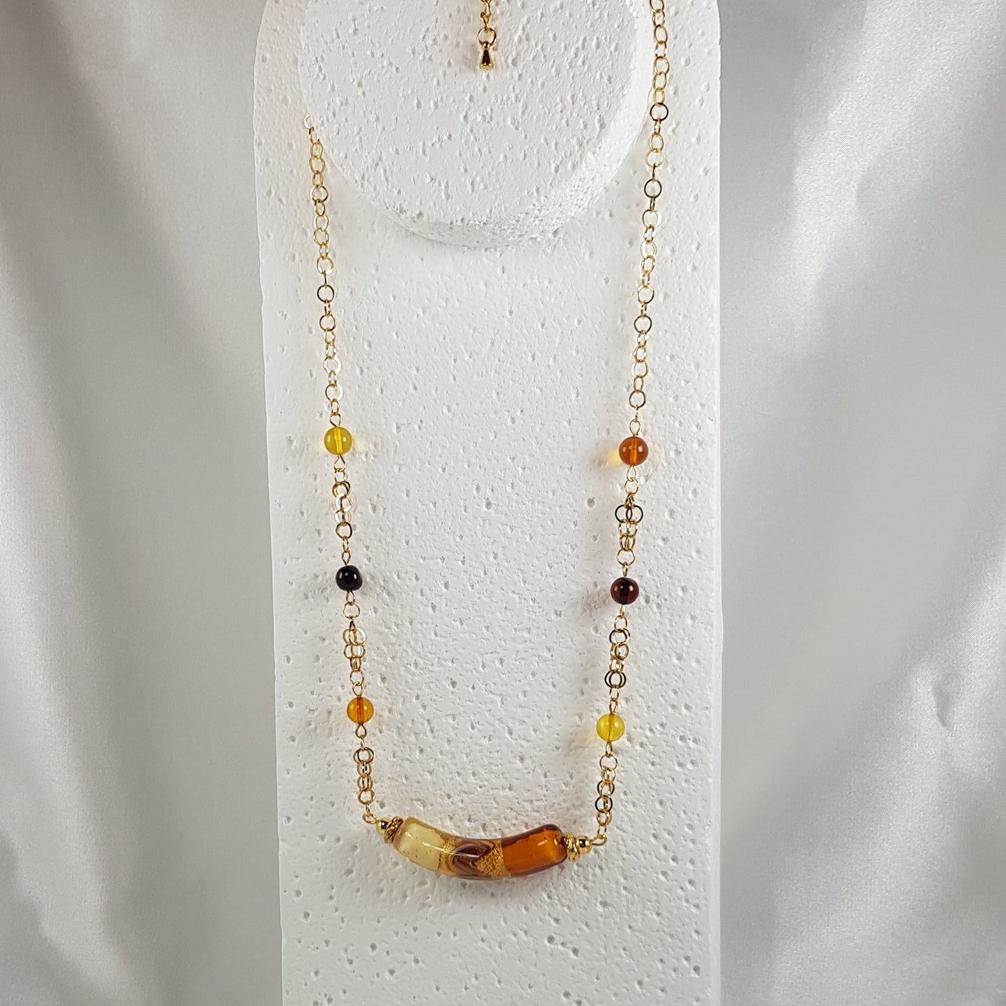 Chaîne Acier Verre Murano Ocre + pierres ambre- Bijou Vénitien Abordable