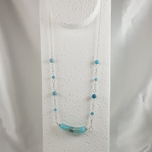 Chaîne Argent 925 Verre Murano Ciel + pierres larimar- Bijou Vénitien Artisanal