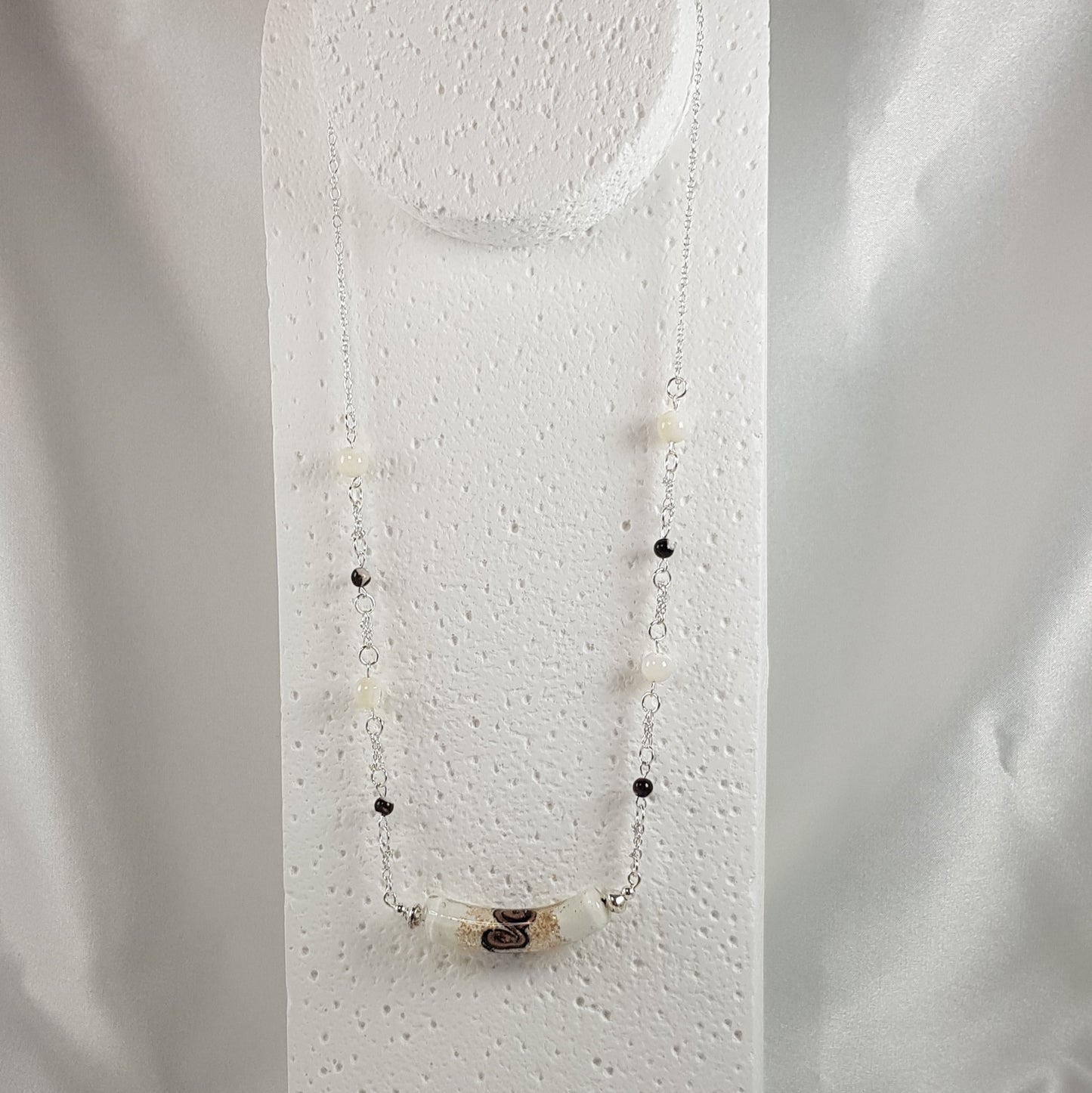 Chaîne Argent 925 Verre Murano Yin Yang + nacre blanche et noire - Bijou Vénitien Certifié