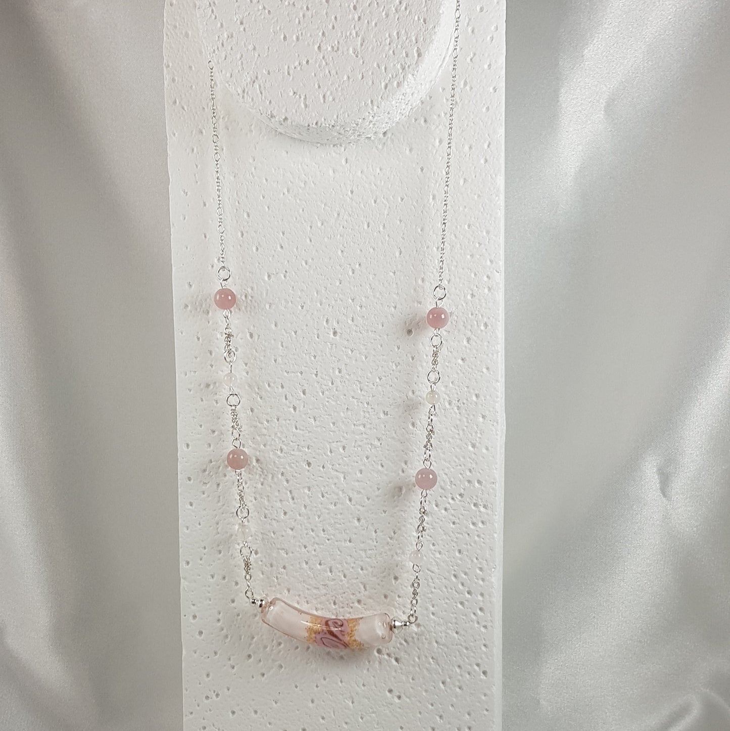 Chaîne Argent 925 Verre Murano Tendresse + pierres quartz rose- Collier Vénitien Certifié