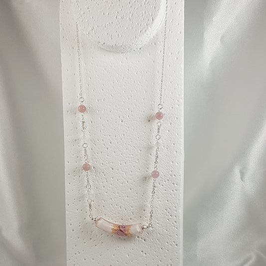 Chaîne Argent 925 Verre Murano Tendresse + pierres quartz rose- Collier Vénitien Certifié
