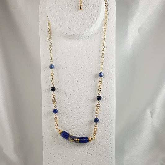 Chaîne Acier Verre Murano Bleu Nuit + sodalite - Collier Vénitien Certifié
