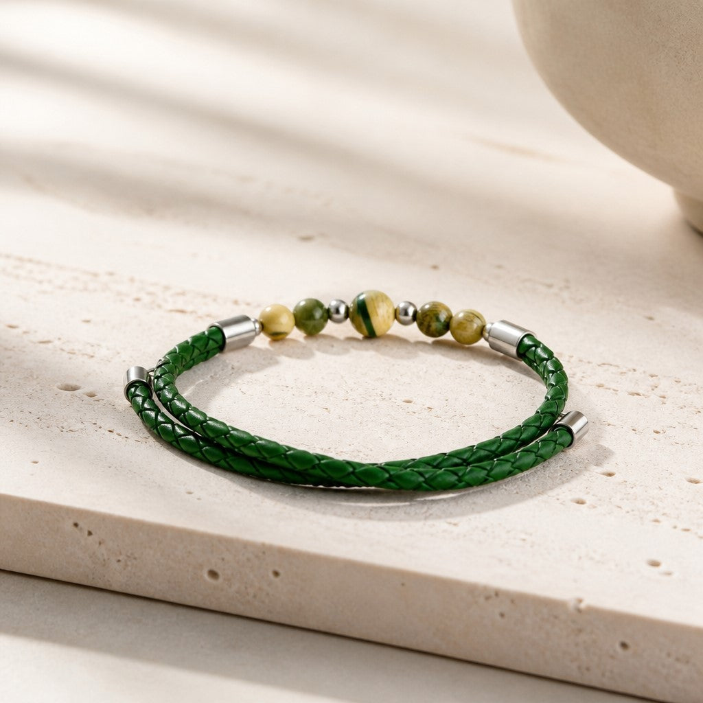 Bracelet Muscovite & Simili Cuir 3 mm | Bijou Artisanal Acier Inoxydable