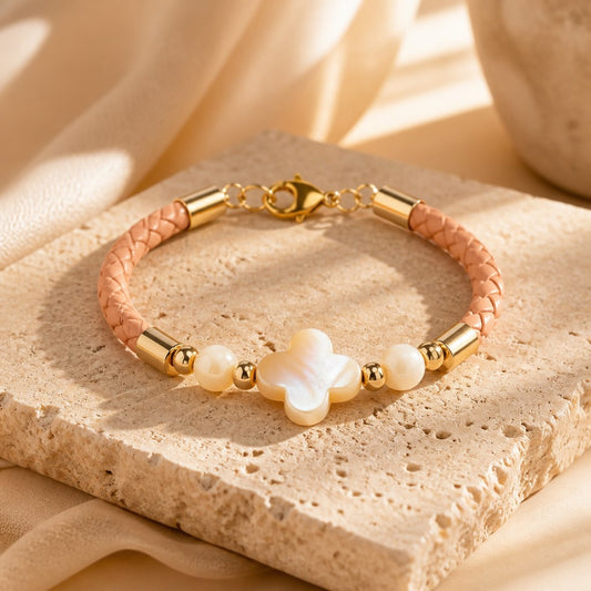 Bracelet Nacre Doré Acier - Pierre Naturelle simili cuir 4 mm