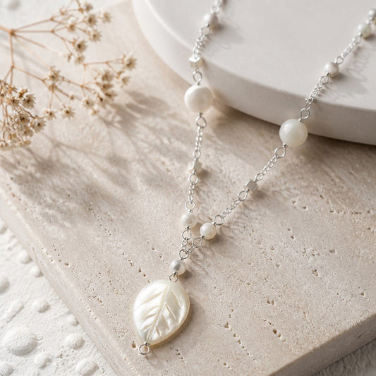 Pendentif Nacre Feuille Argent 925 | Lithothérapie Nature