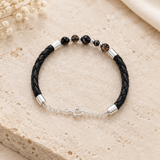 Bracelet Nacre noire argent 925 simili cuir