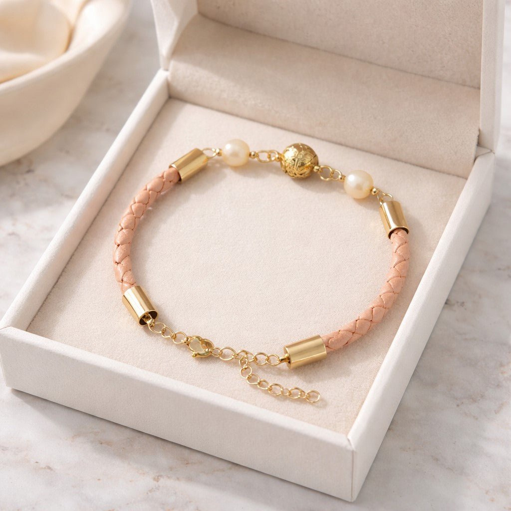 Bracelet Nacre Doré Acier - Pierre Naturelle simili cuir