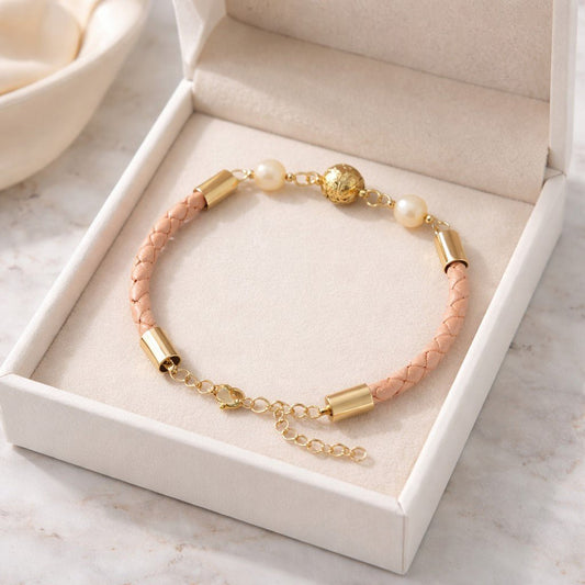 Bracelet Nacre Doré Acier - Pierre Naturelle simili cuir