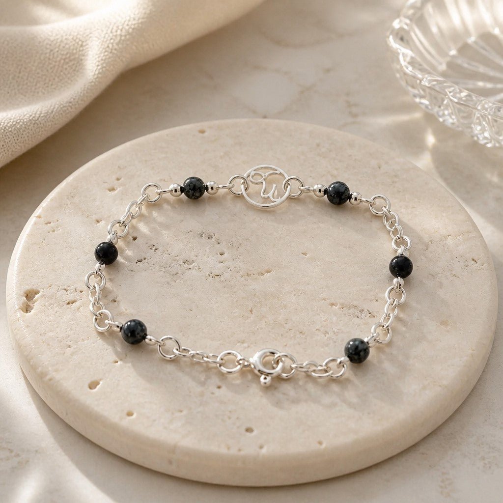 Bracelet Astrologique Capricorne Obsidienne Flocon de Neige Argent 925