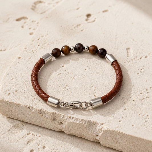 Bracelet Œil de Fer Acier - Pierre Naturelle simili cuir 4 mm