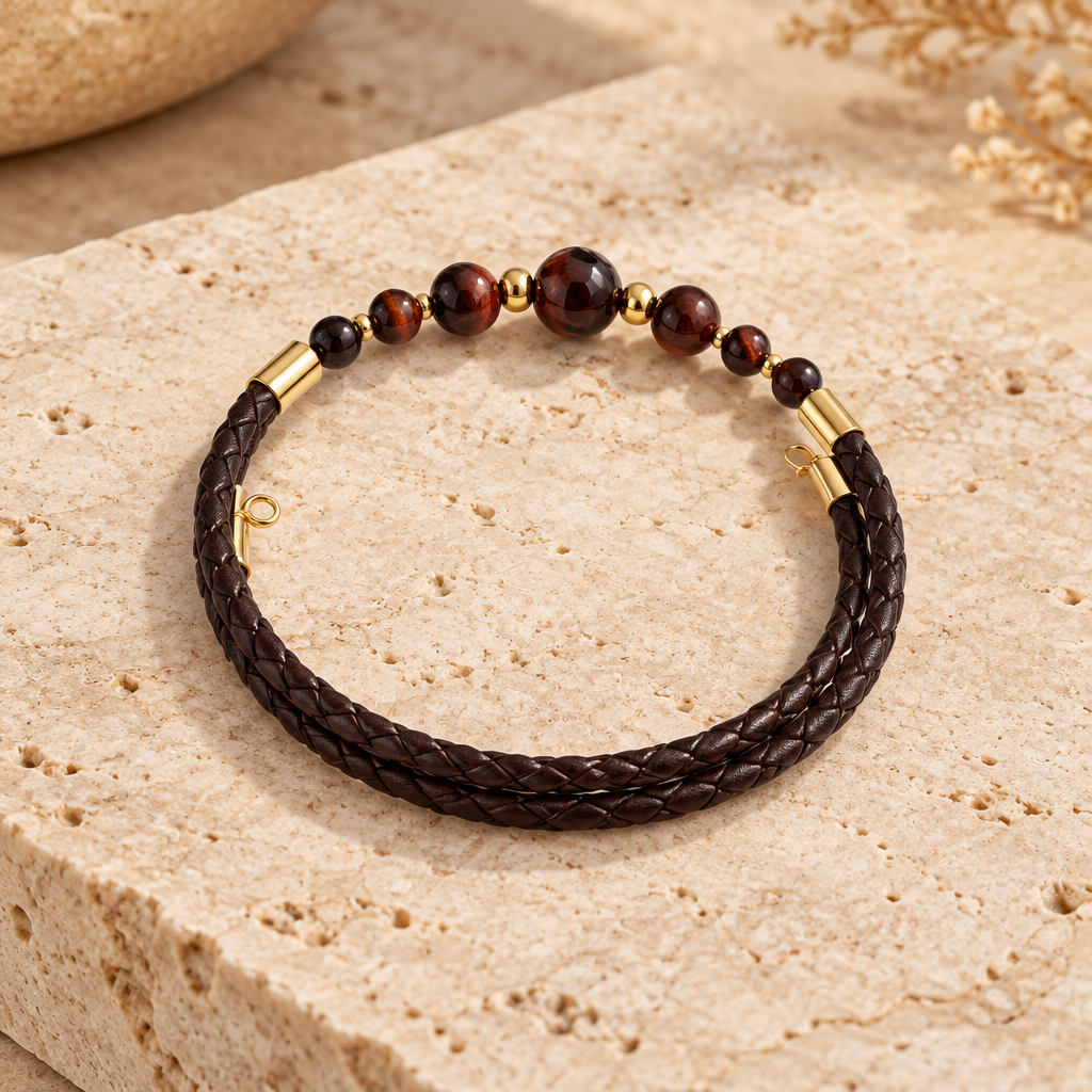 Bracelet Œil de Taureau Argent doré - Pierre Naturelle simili cuir