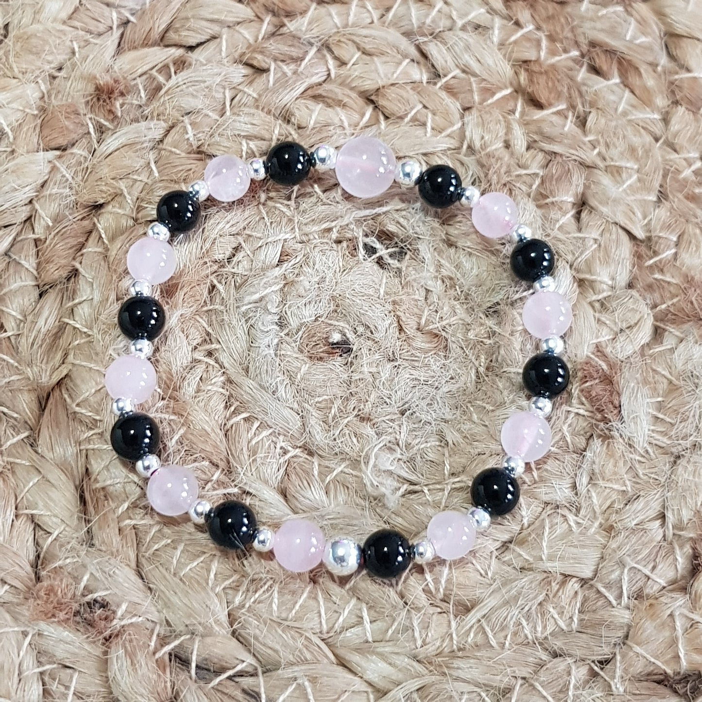 Bracelet onyx noire quartz rose argent 925