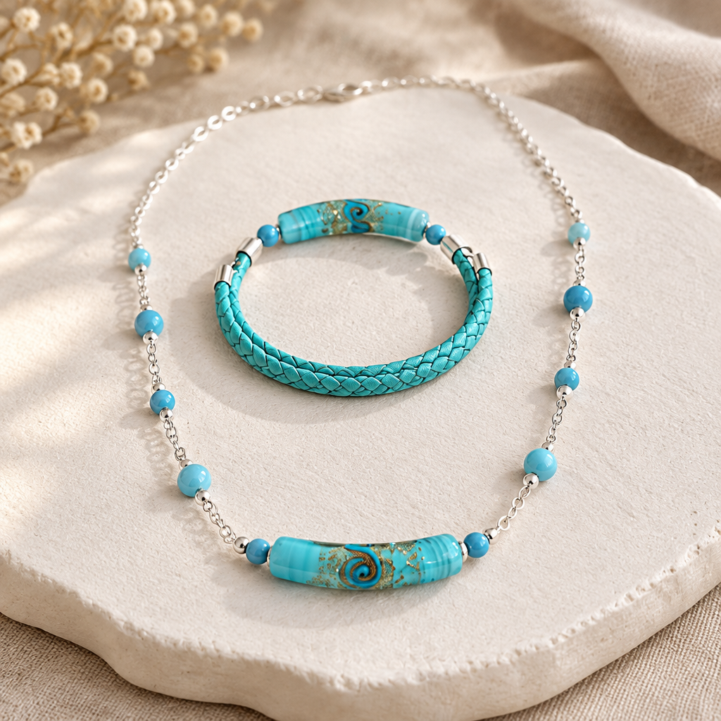 Parure Argent 925 Verre Murano Ciel + larimar Bijou Vénitien Artisanal