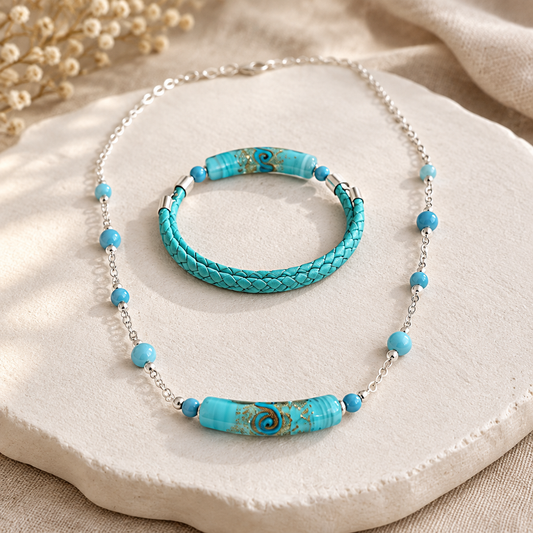 Parure Argent 925 Verre Murano Ciel + larimar Bijou Vénitien Artisanal