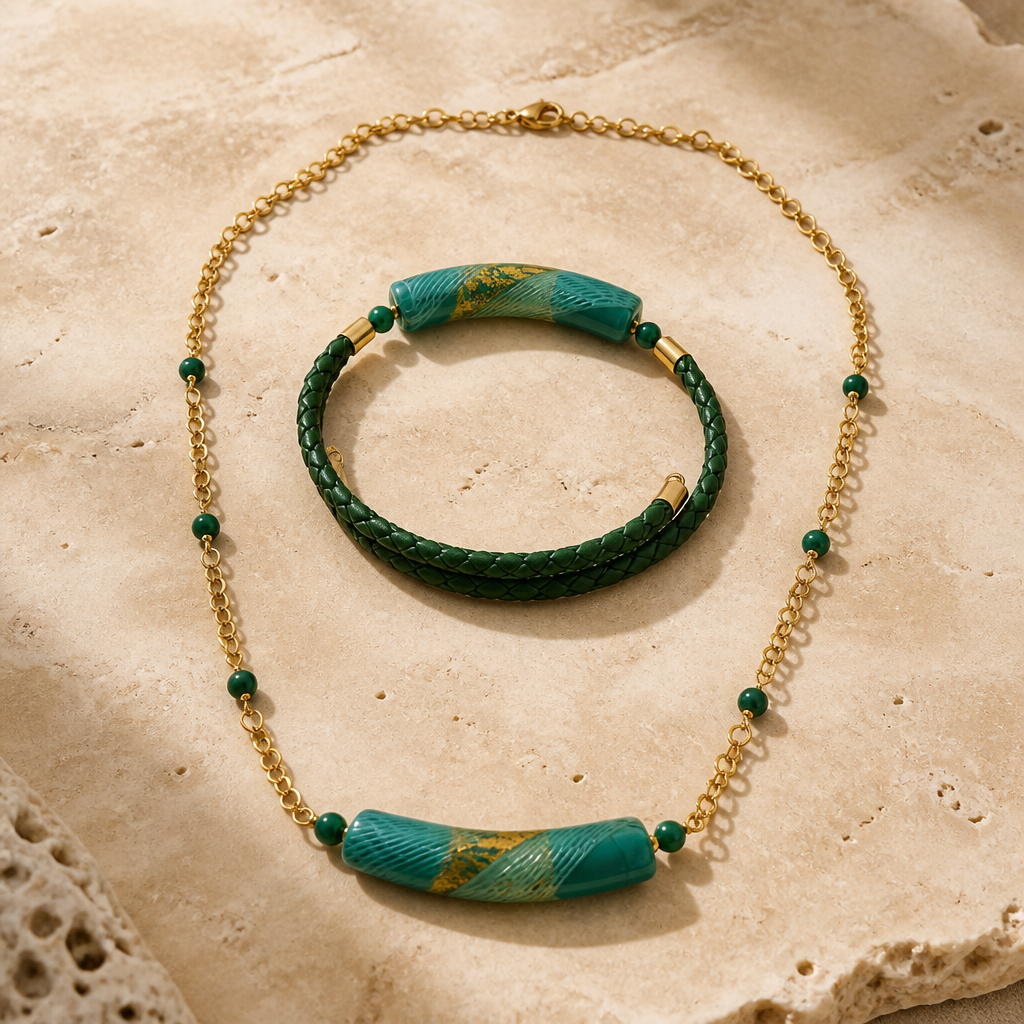 Parure Acier Verre Murano Eider + Malachite - Collier Vénitien Certifié