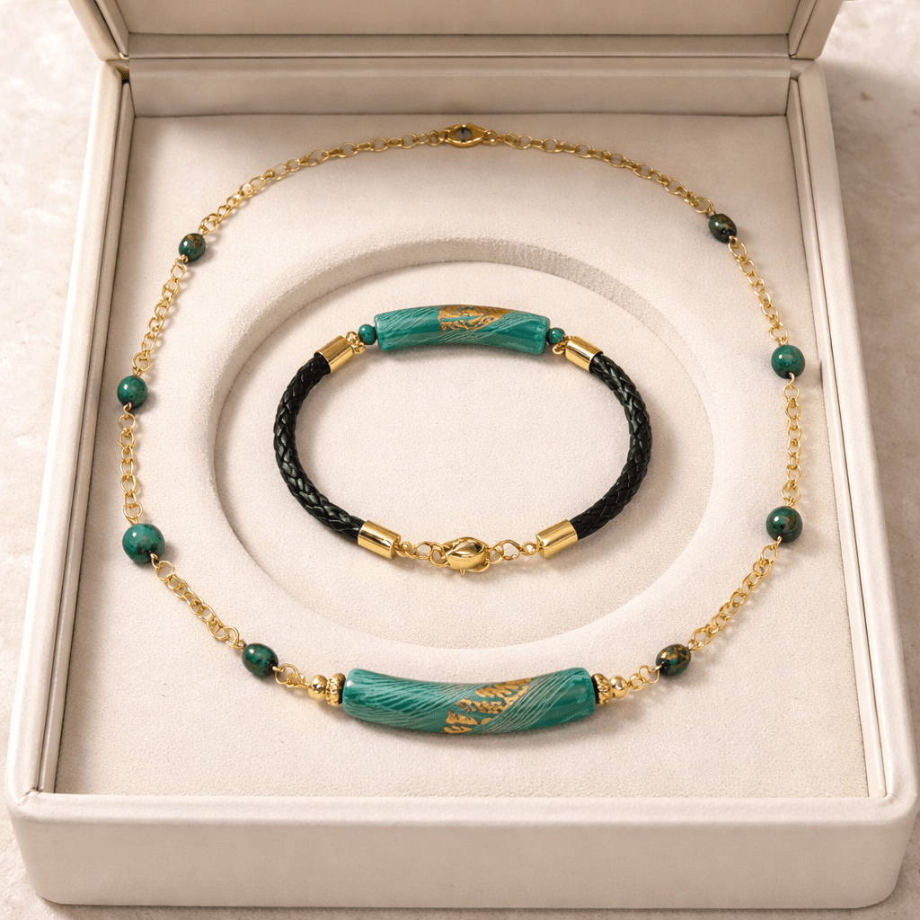 Parure Acier Verre Murano Eider + Malachite - Collier Vénitien Certifié