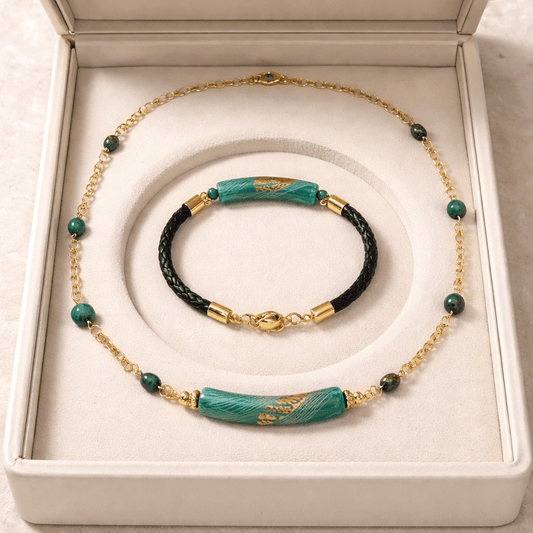 Parure Acier Verre Murano Eider + Malachite - Collier Vénitien Certifié