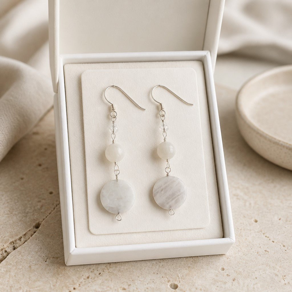 Boucles d'Oreilles Pierre de Lune Blanche - Argent 925 & Pierre Naturelle