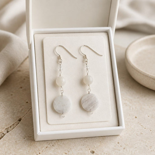 Boucles d'Oreilles Pierre de Lune Blanche - Argent 925 & Pierre Naturelle