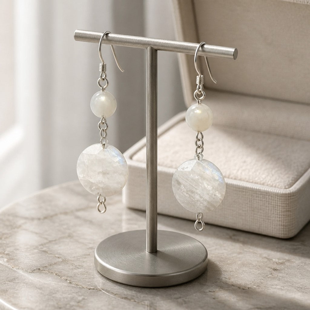 Boucles d'Oreilles Pierre de Lune Blanche - Argent 925 & Pierre Naturelle